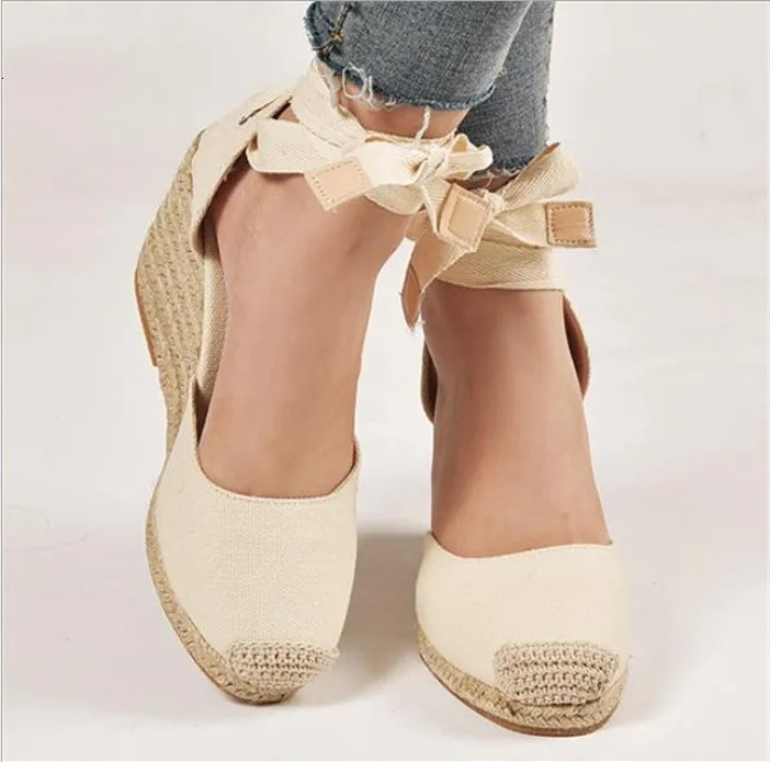 Women Espadrille Ankle Strap Sandals Slippers Ladies Womens Casual Wedge Shoes Breath Flax Hemp Canvas Pumps Platform Sandals 240611