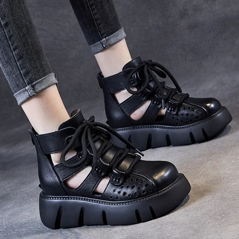Handmade Retro Women Platform Sandals Pu Leather Hollow Baotou Wedges Gladiator Shoe Back Zipper Thick Bottom Cool Boot 240611