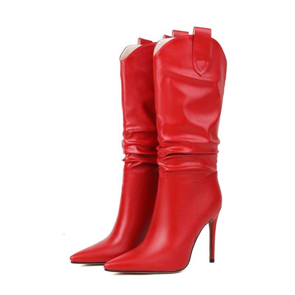 Knee High Women Sexy Point White Red Heels Western Cowboy Boots Female 2023 New Trends Dance Party Shoes Large Size