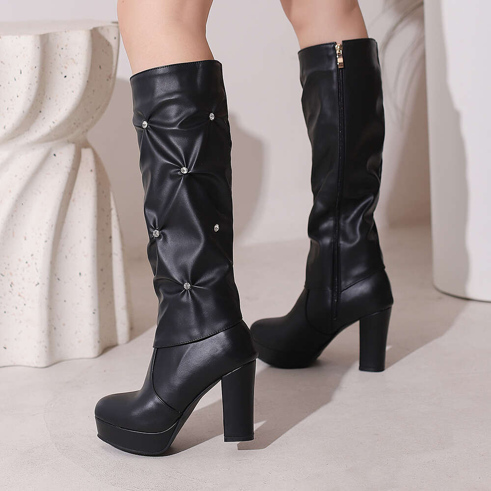 Retro Women Round Toe Platform Diamond Pleated Knee High Winter High Heel Boots Ladies Chunky Heel Shoes 2023 New