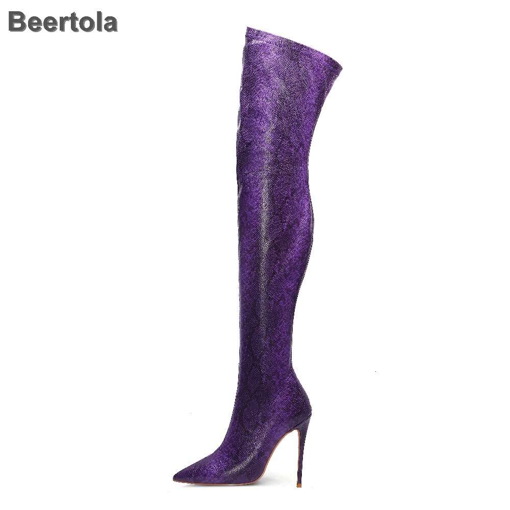 Over The Knee Thigh High Women Snake Print Special Elastic Boots Zip Purple Party Dress Sexy Club Shoes Woman
