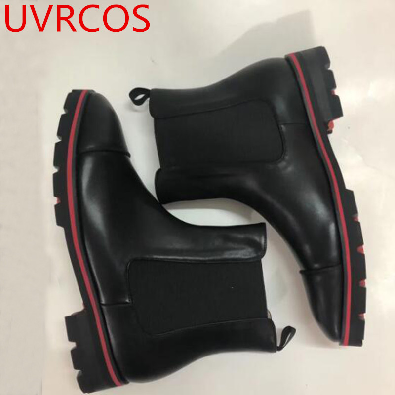 High Quality Men Boots Slip-On Low Heel Black Color High Top Botas Mujer Casual Ankle Motorcycle Shoes Leather Chelsea Boots