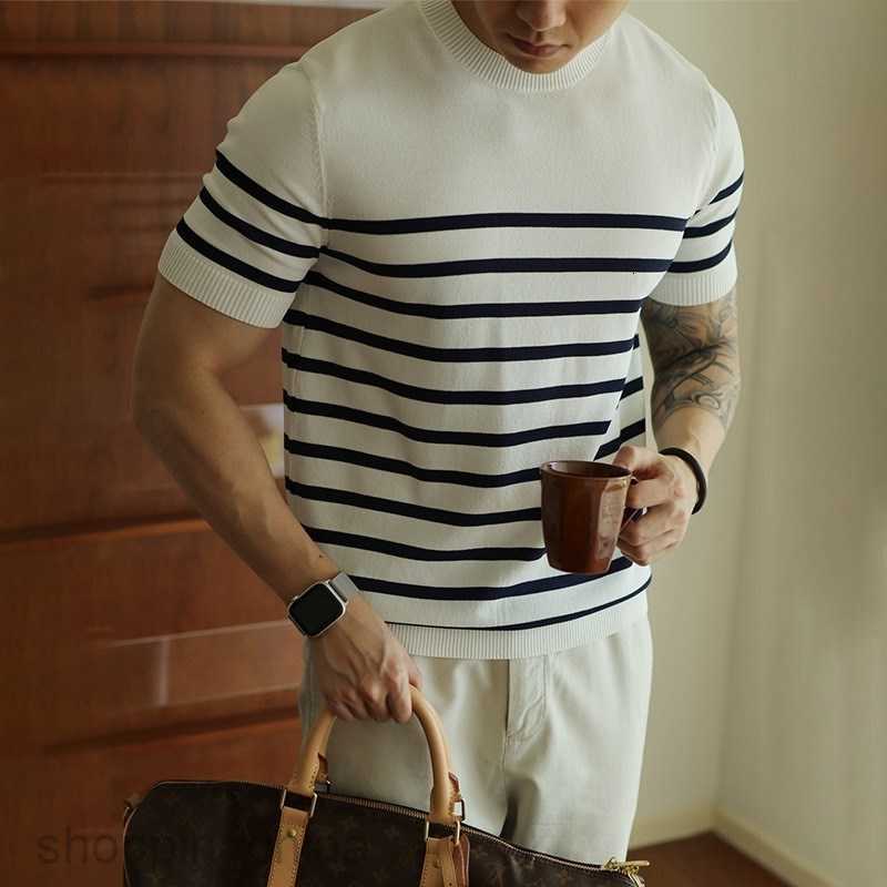 Men's T Shirts mature style round neck striped knitted short sleeved T-shirt for man casual business spring/summer top half sleeved T-shirt tees 