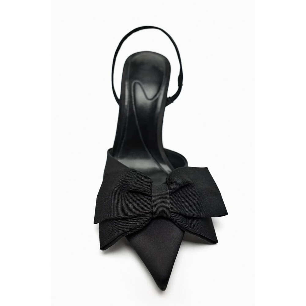 Womens Black High Heels Pumps 2024 Elegant Bow Stiletto Ladies Sexy Pointed Toe Heeled Sandals Female Chic Party Slingbacks