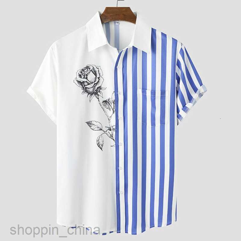 Men's Casual Shirts New men's shirt 3D digital printing short sleeved lapel striped shirt men's short cardigan top tops