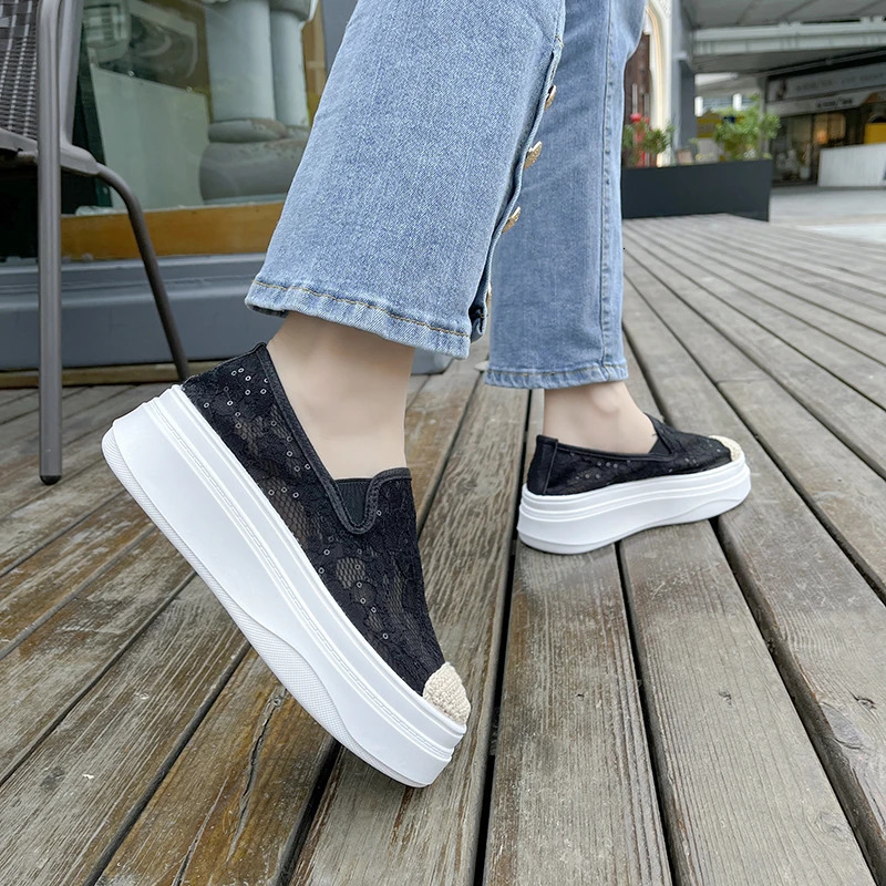 7cm Lace Air Mesh Womens Summer Shoes Slippery on Fashion Sports Shoes Platform Wedge High Heels 240611