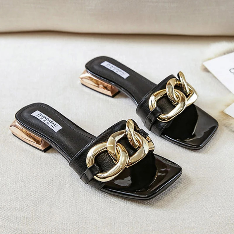 Comemore Summer Metal Chain Womens Slide Low Heel Square Toe Sandals Casual Slide Womens Mule Shoes Dress Flip 240611