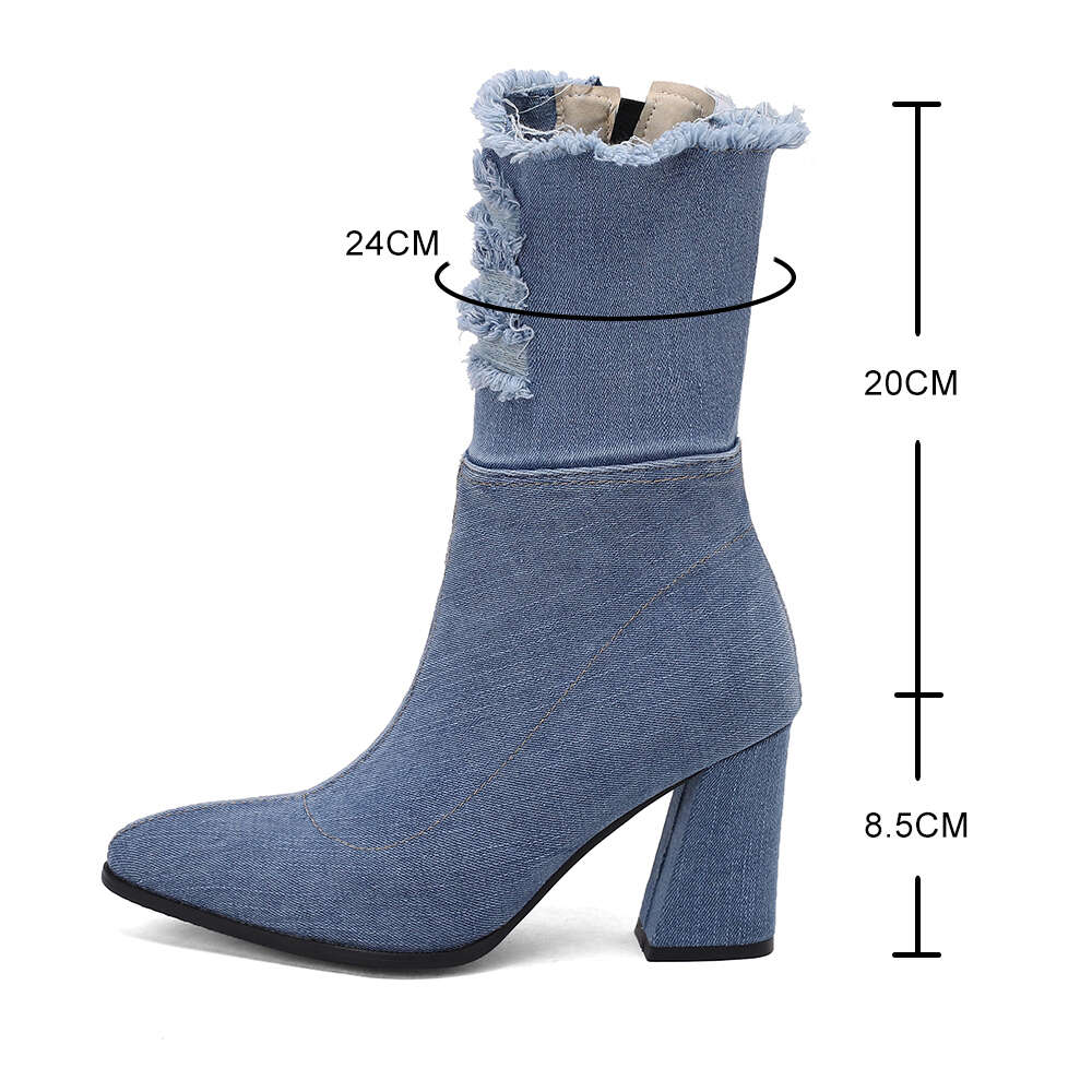 2023 Fashion Denim Western Women Ankle Sexy High Heel Pointed Cowboy Zipper Autumn Winter Stretch Boots Woman Shoes