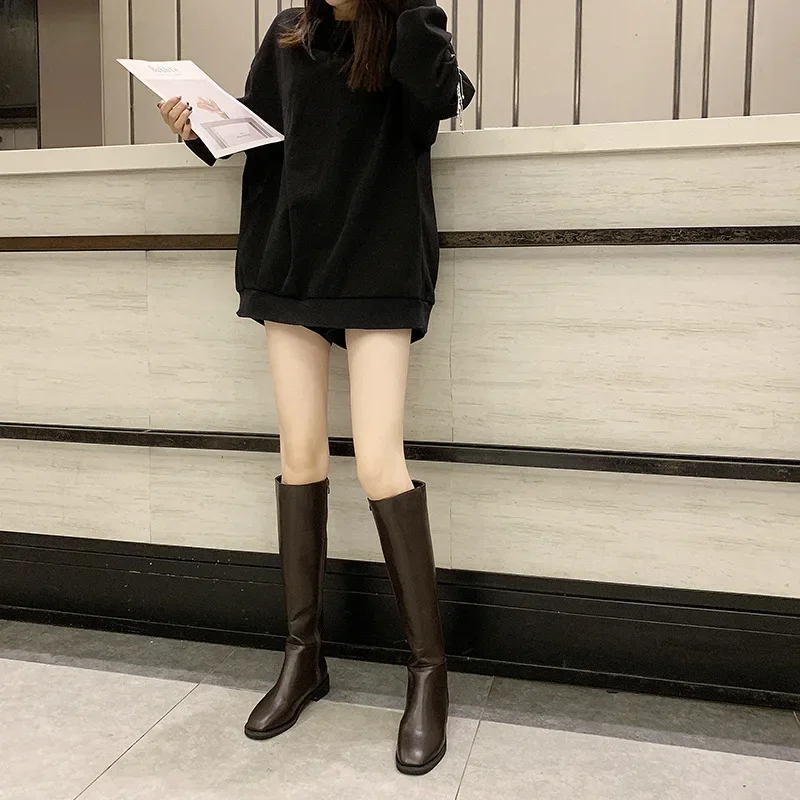 Winter New shopping good Leather Women Knee High Boots Motorcycle Square Toe Zip Footwear Low Heels Female Riding Boot Woman Long Boots99