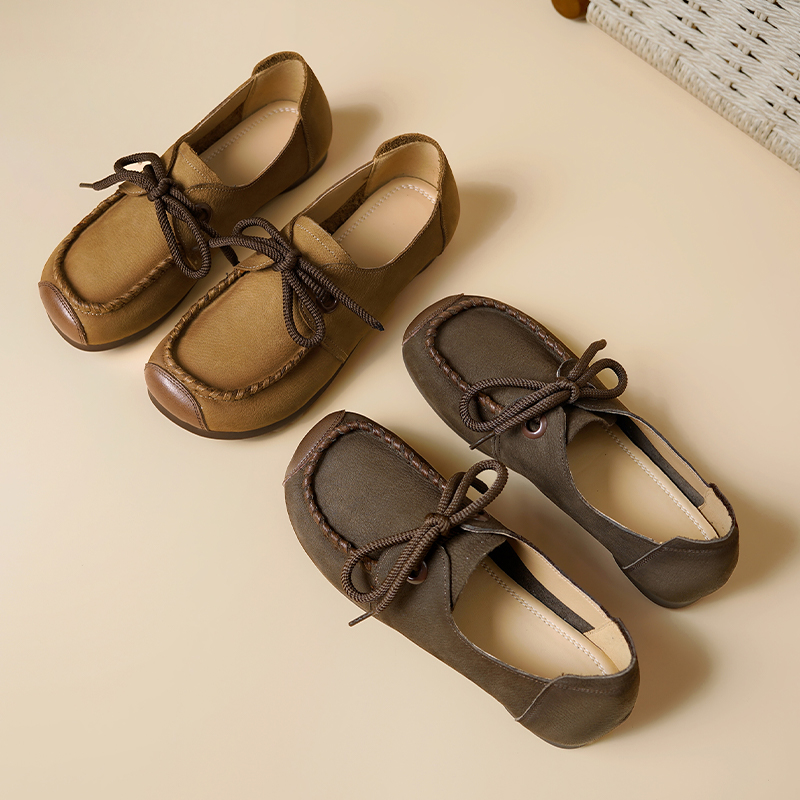 Women's AIYUQI Loafers Spring 2024 New Genuine Leather Casual Lace-Up Retro Flat Shoes Women db52