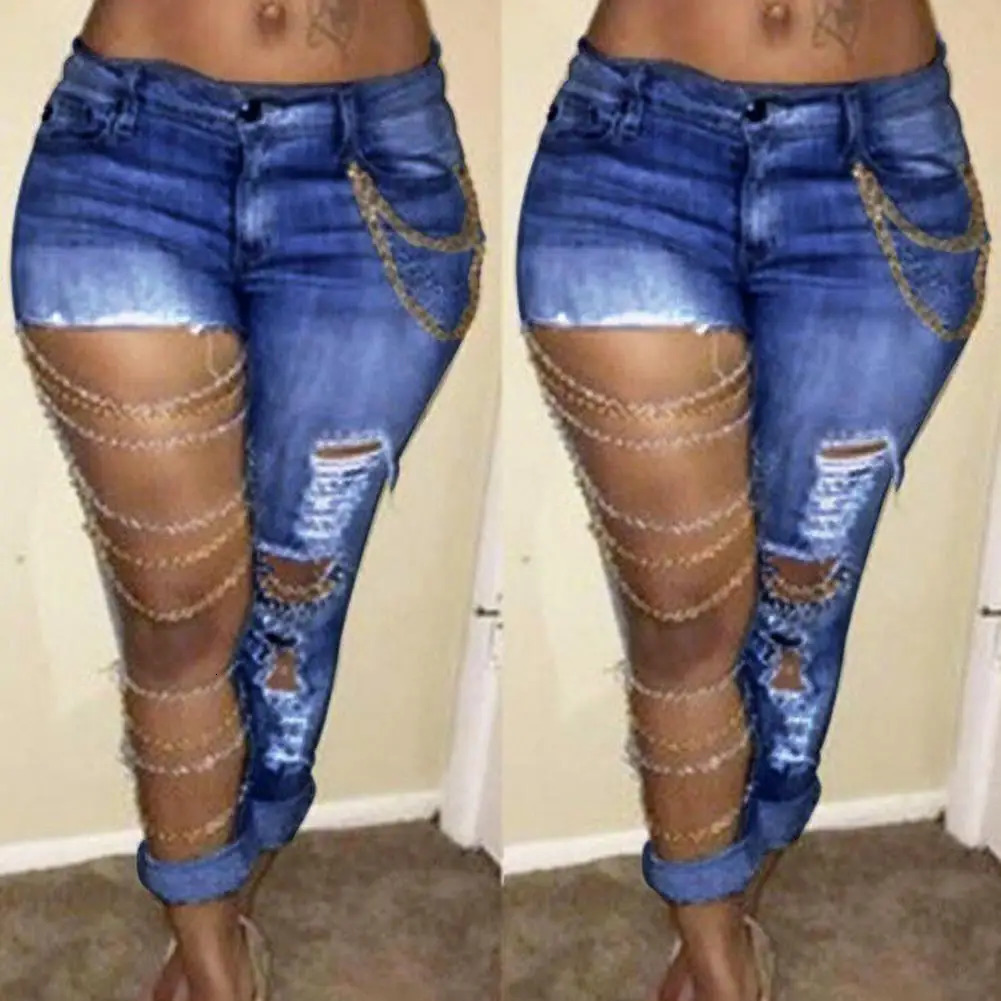 Fashion High Wait Stacked Pants Trousers Women Jeans Mid Rise Exaggerated Ripped Holes Skinny Pencil Pants Trousers Daily Wear 240601