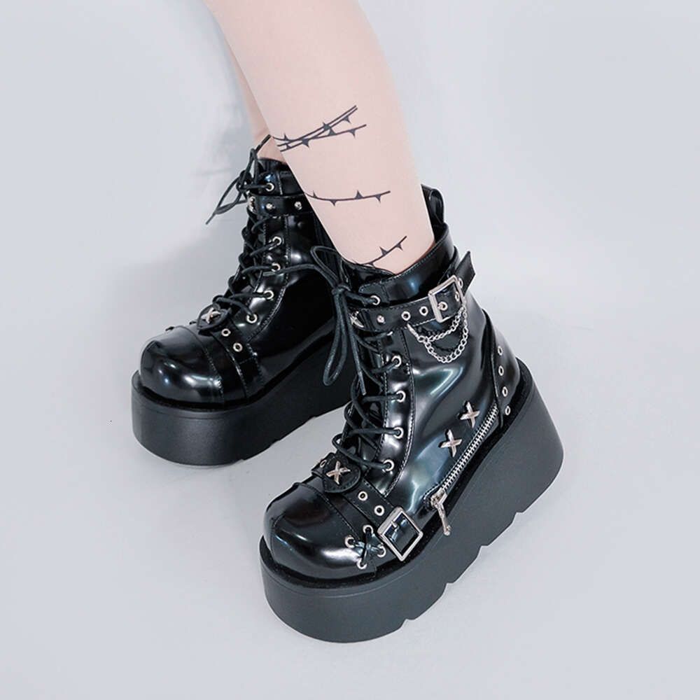 GIGIFOX Women Platform Gothic Ankle Combat Boots Rivet Chain Wedges Punk Cosplay Zip Booties Autumn Winter Motorcycle Shoes
