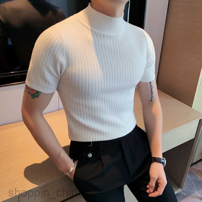 Men's T Shirts New Spring and Autumn Knitted Short sleeved Half High Neck T-shirt Men Slim Fit Inner Layup Top Man Sweater Bottom tees tops