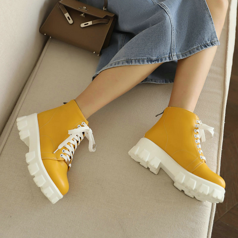 Black Orange Yellow Women Ankle Boots Platform Square Heel Ladies Short Boots PU Leather Round Toe Cross Tied Women's Shoes