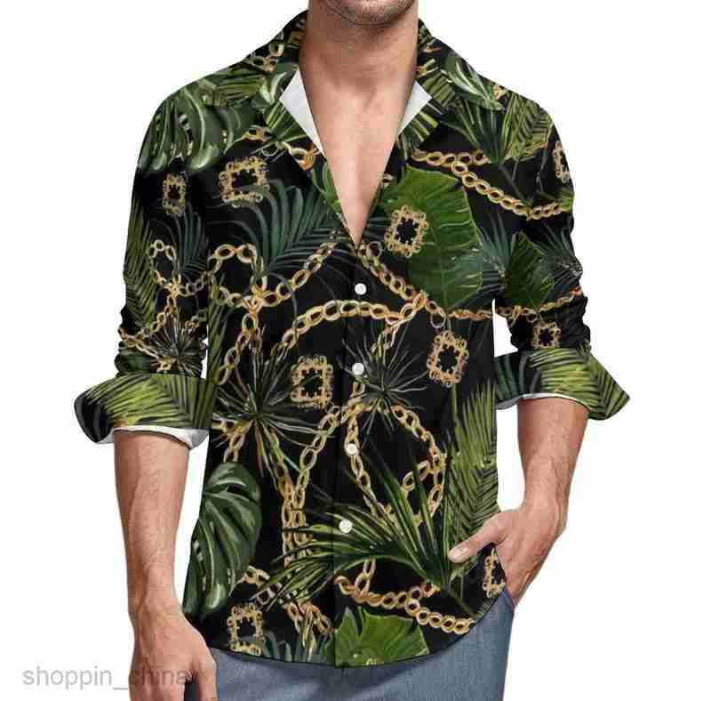 Men's Casual Shirts Directly operated men long sleeved lapel cardigan male fashion gold chain 3D printed long shirt tops