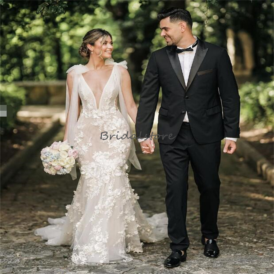 Fantasy Florals Forest Wedding Dresses 2024 Sexy Deep V Neck Appliques Lace Mermaid Bohemian Bridal Dress Elegant Backless Bride Dress Vestios Novia C
