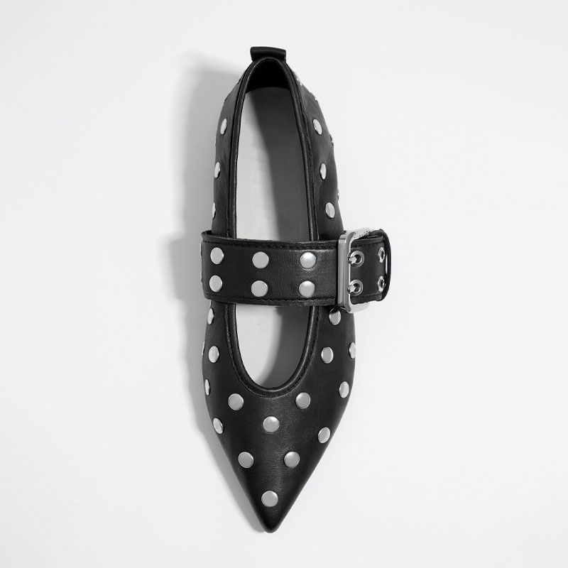 Large Rivet Belt Buckle Simple Flat Sole Single Shoe Black White Punk Style New Fashionable Women Size34-44 Handmade Shoes e0ac s