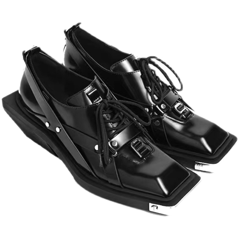New decorate Spring 5b9ce metal Leather Loafers Women Retro Bite Thick-soled Non-slip square head wedge New men Shoes
