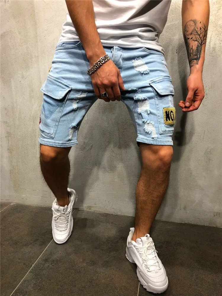 Summer Mens Stretch Straight Short Jeans Fashion Casual Slim Fit High Quality Elastic Badge Pockets Hole Denim Shorts Male 240601
