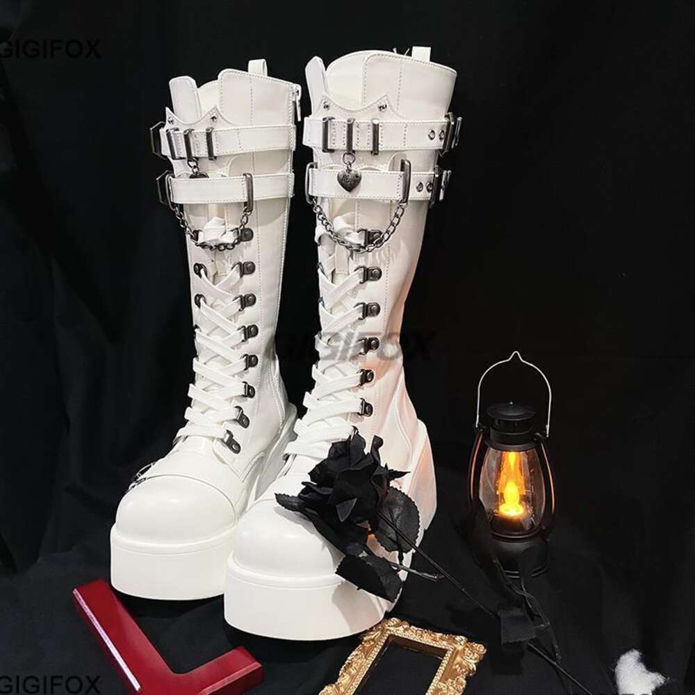 GIGIFOX Platform High Wedges Gothic Style Women Mid Calf Buckle Zipper Metal Chain Punk Round Toe Autumn Shoes Boots