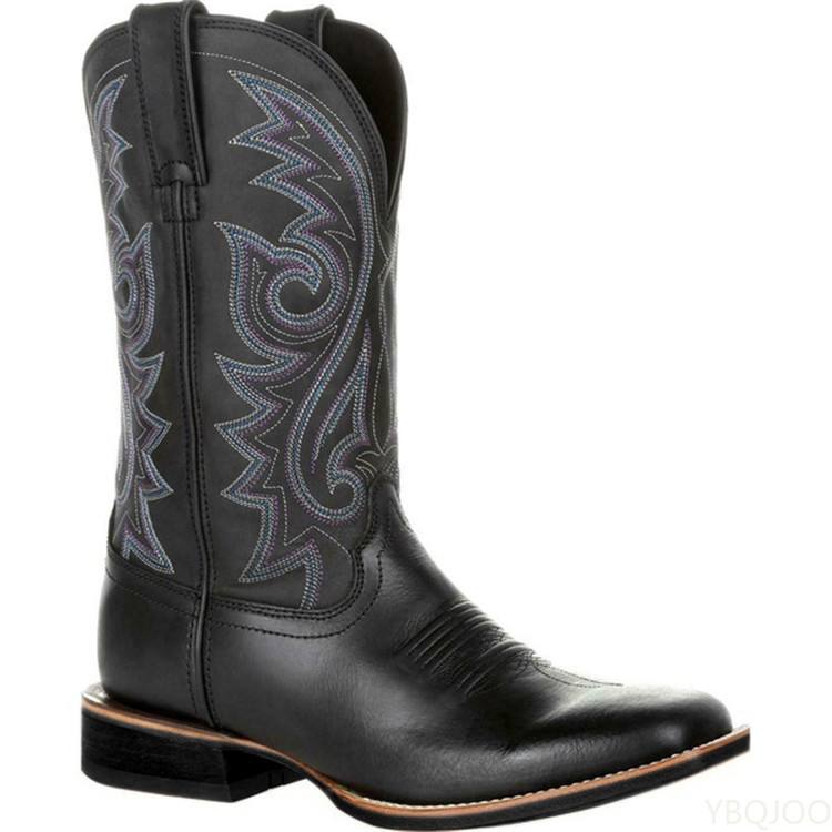Mid Calf Western Cowboy Motorcycle Male Autumn Outdoor PU Leather Totem Med-Calf Boots Retro Designed Men Shoes