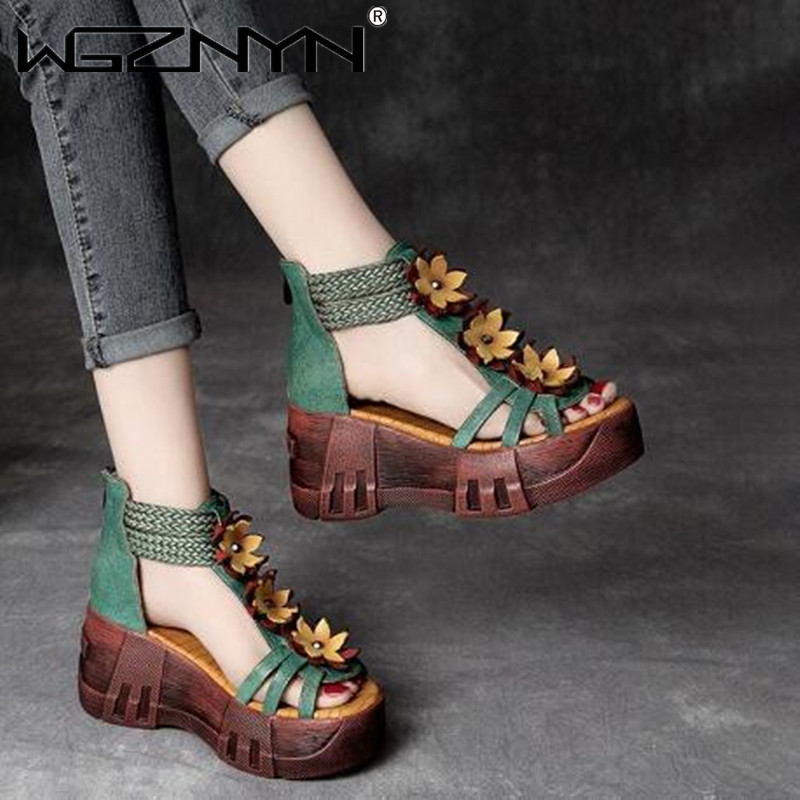 Trending Floral Wedge Sandals for Women Open Toe PU Leather Platform Heels Comfortable Summer Casual Dress Shoes