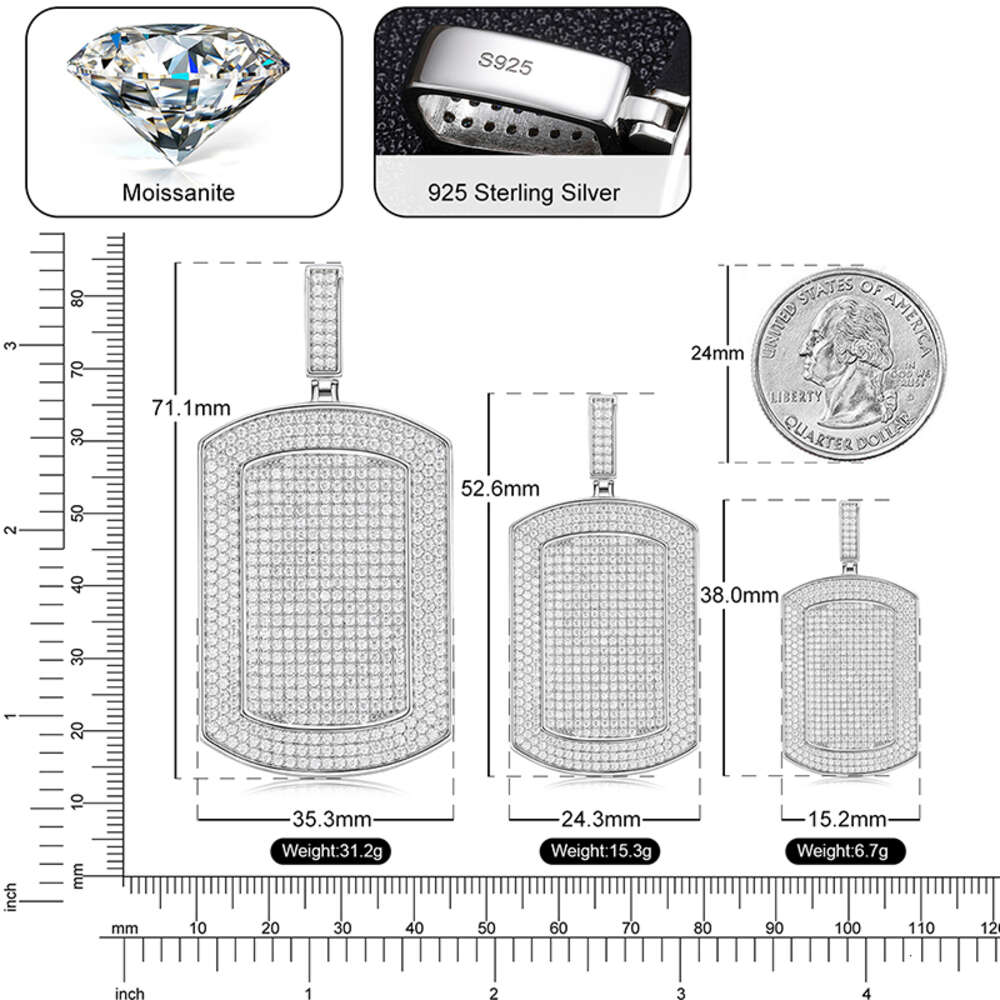 New Arrival Hip Hop Jewelry 925 Sterling Silver Micro Pave Vvs Moissanite Diamond Iced Out Bling Dog Tag Sign Pendant Necklace