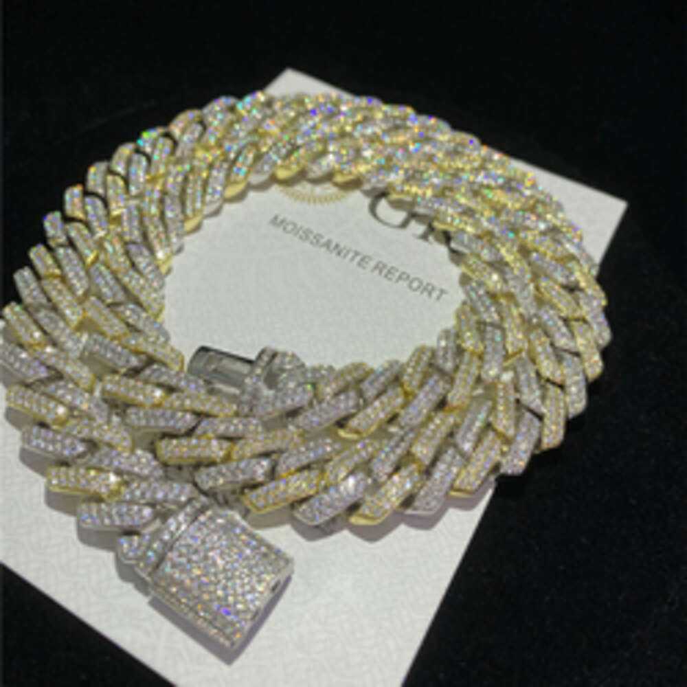 Sterling Silver Hip Hop Jewelry Moissanite Chain Cuban Bracelet 14mm Two Tone Iced Out Diamond Gold Plated Cuban Link Chain