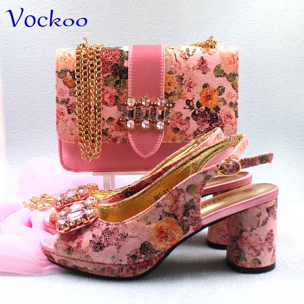 Pink Color Sexy Ladies Shoes And Bag Set Platform Square Heels Comfortable With Crystal For Wedding Party