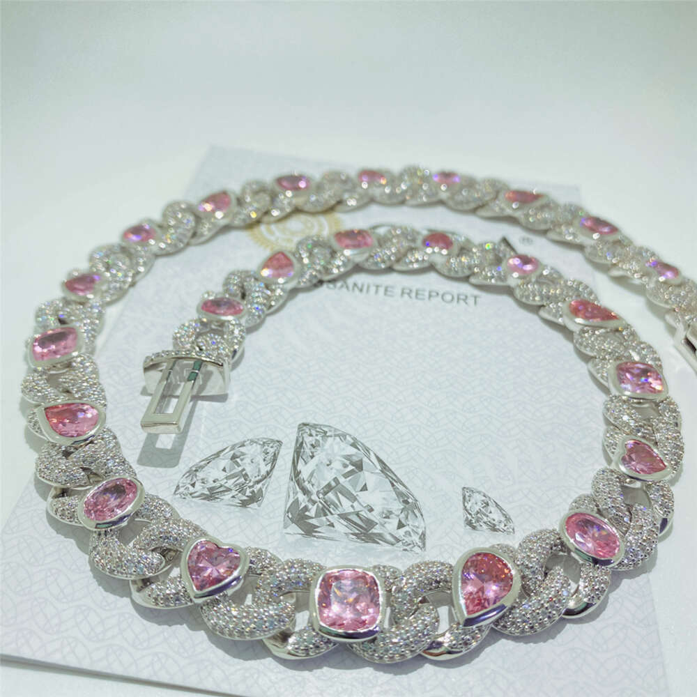 Vvs Moissanite Pink Heart Iced Out Cuban Link Chain Fashion Sailor Moon Custom 925 Sterling Silver Women Jewelry Cuban Necklace
