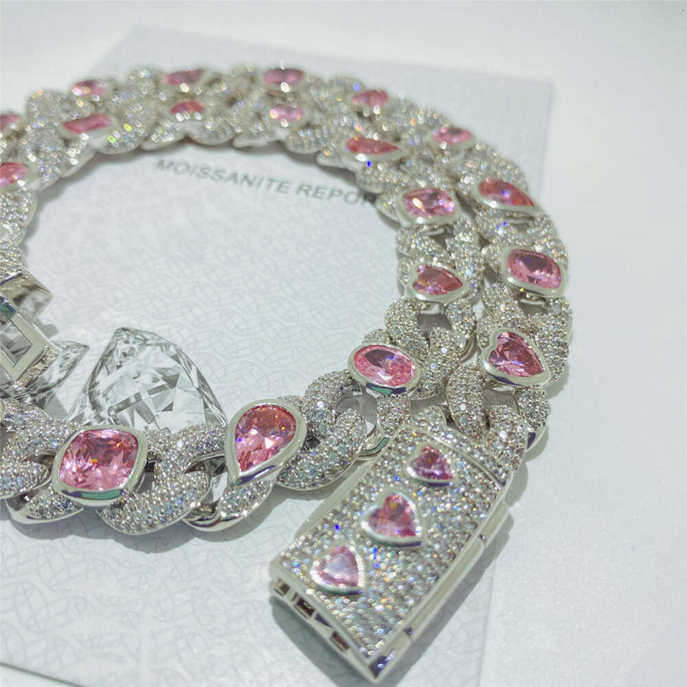 Vvs Moissanite Pink Heart Iced Out Cuban Link Chain Fashion Sailor Moon Custom 925 Sterling Silver Women Jewelry Cuban Necklace