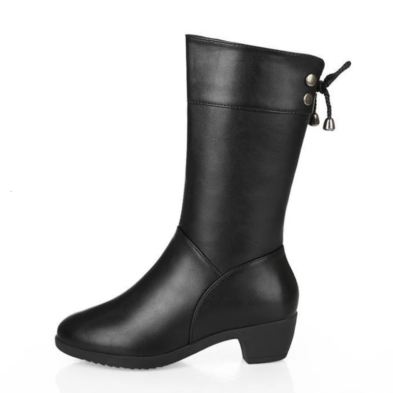 Winter boots womens mid calf boots casual solid color round toe zipper square high heels womens retro boots botas mujer 240611