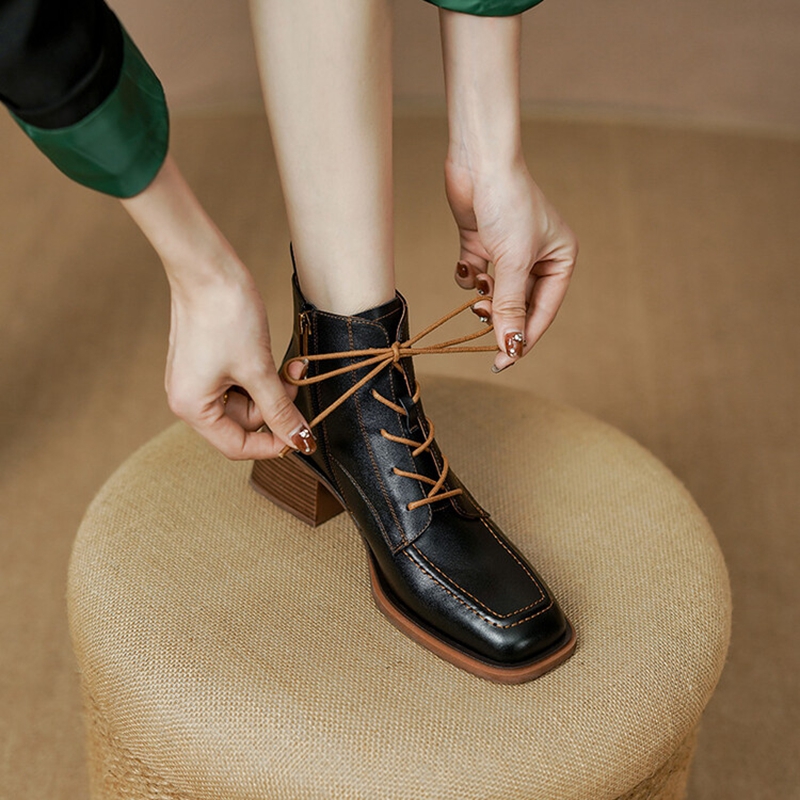 Square Autumn Toe Chunky Heel for Genuine leather Lace Black Ankle Boots Winter Shoes Women e837
