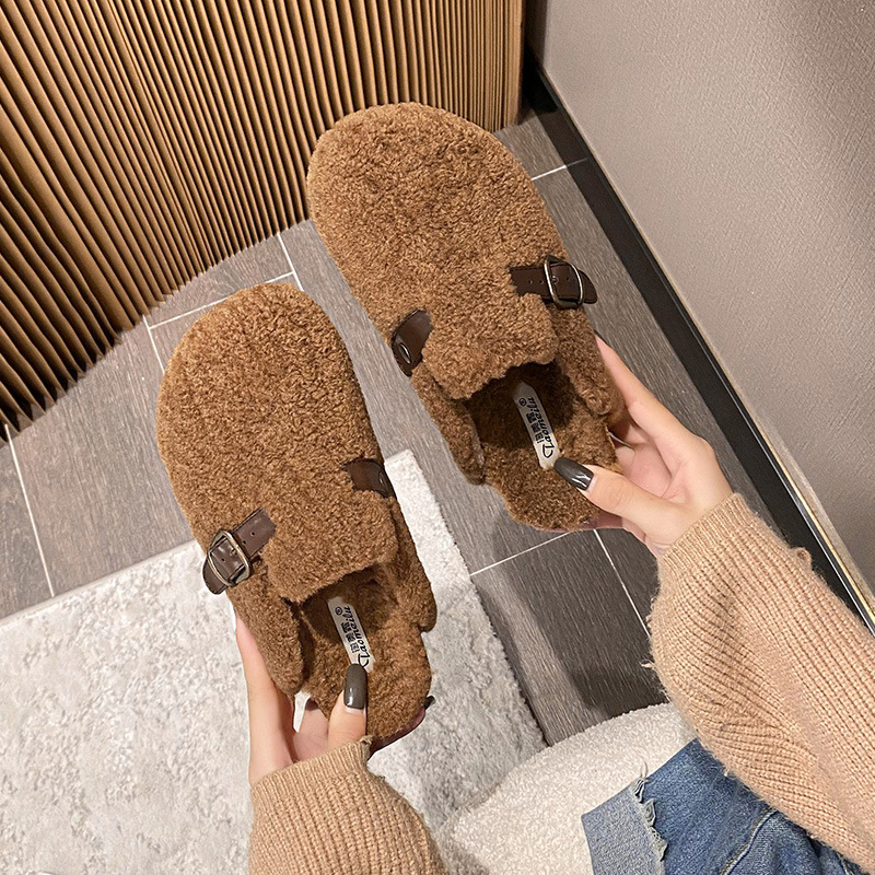 High Quality Lamb fur slippers women round toe buckle belt plush pantuflas female cork winter slides shoes woman furry slippers