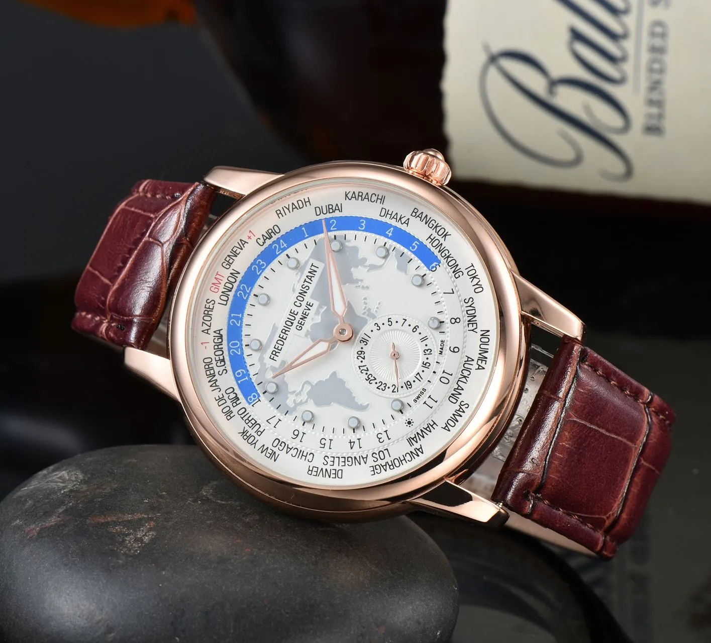 Men's Leather Strap Multifunction Chronograph Quartz Watch with Automatic Movement and World Time Series Map Design