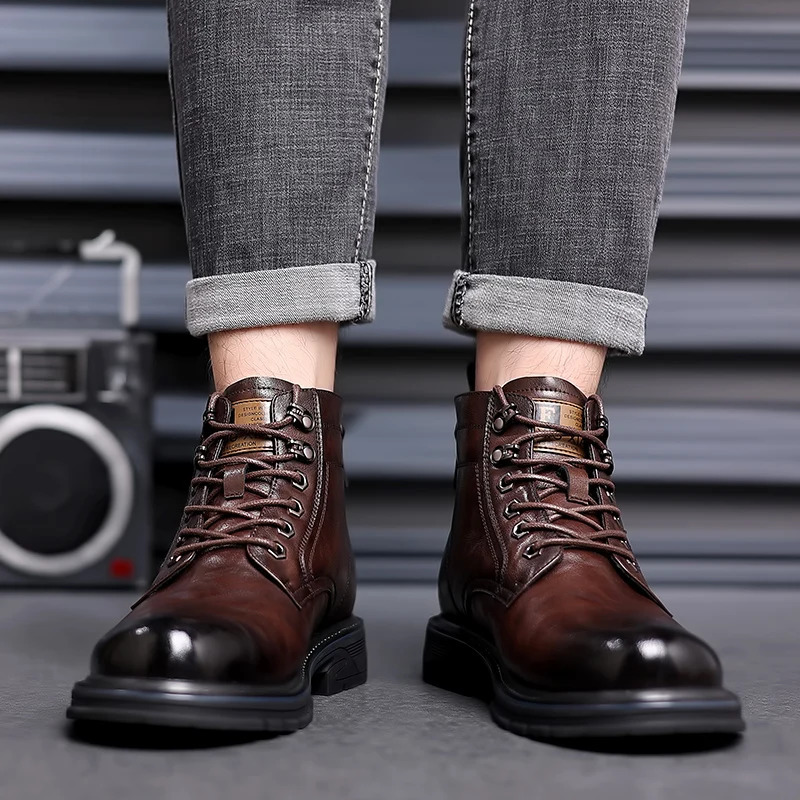 Business Office ankle Boot men Casual Mens Shoes lace up fashion Genuine Leather Autumn Winter Upscale Fashion for 240611