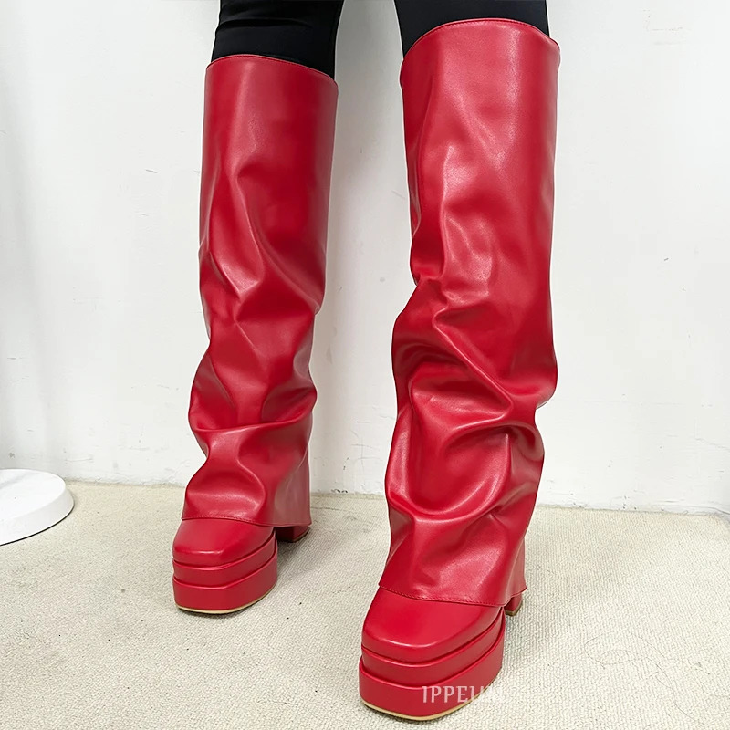 IPPEUM Fold Over Boots Women Orange Pink Block Heel Knee High Plus Size 43 Platform Shoes y2k botas plataforma mujer 240611