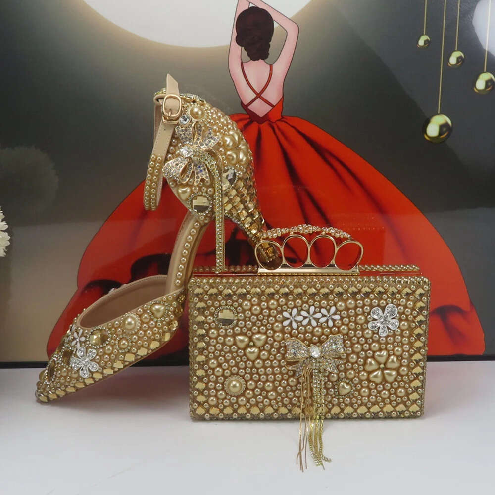 New Pointed Toe Bridal Wedding Shoes Bag Champagne Gold Crystal Party Shoes Ankle Strap Thin High Bowknot Pumps And Handbag