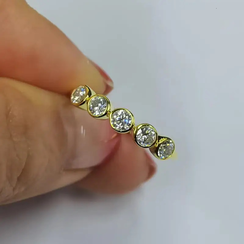 Lnngy 3MM Bezel Ring Certified Original 925 Sterling Silver 5 Stones Wedding Band For Women Laidies Sparkling Jewelry 240530