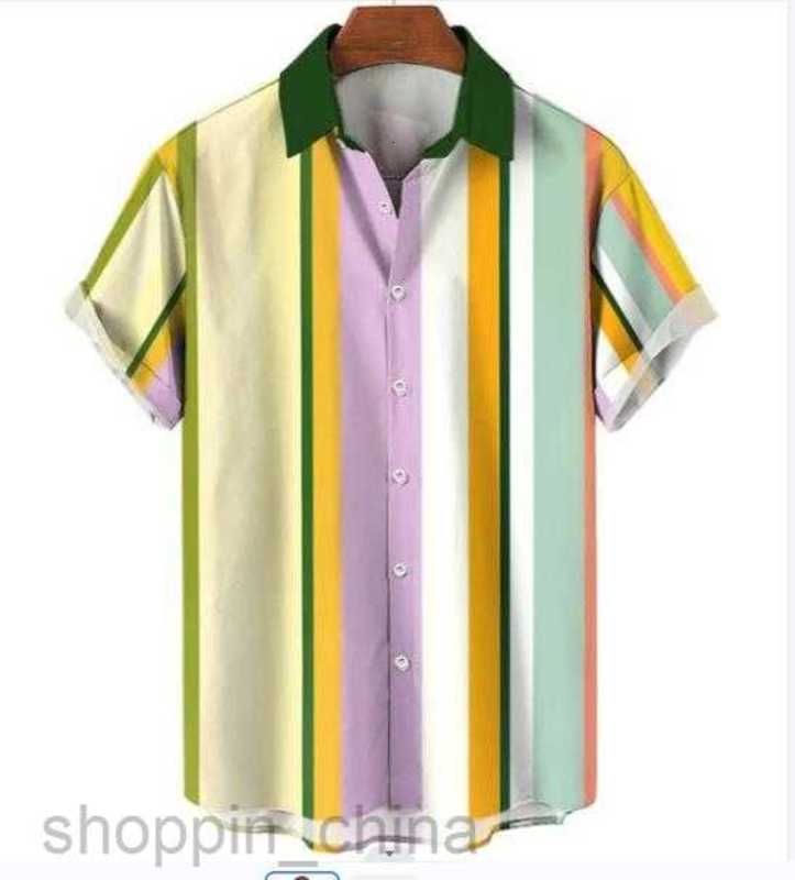 Men's Casual Shirts Summer men's short sleeved shirt four side stretch digital stripe print shirt tops