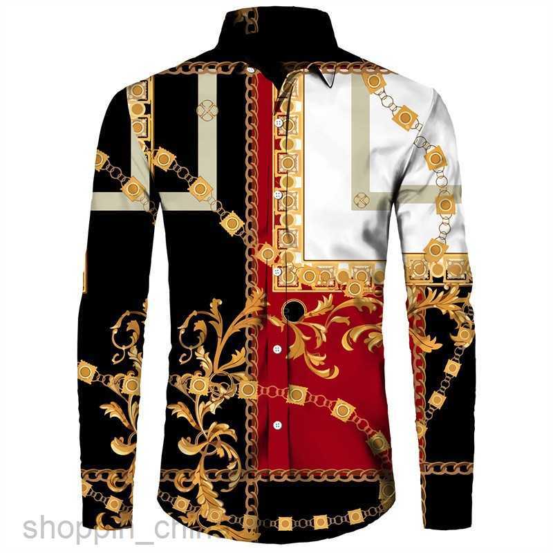 Men's Casual Shirts Directly operated men long sleeved lapel cardigan male fashion gold chain 3D printed long shirt tops