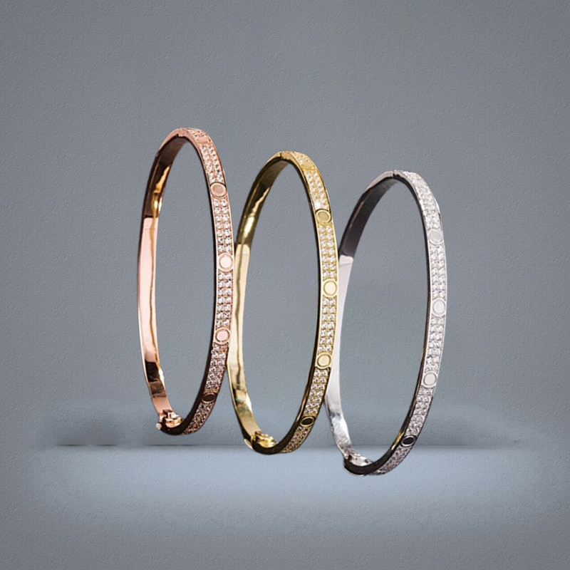 Fashion Full Diamond Bangle Stainless Steel Open Cuff Bracelet for Women Men Two Row Stone Bangles 3 Colour Selct Gold Silver Rosy