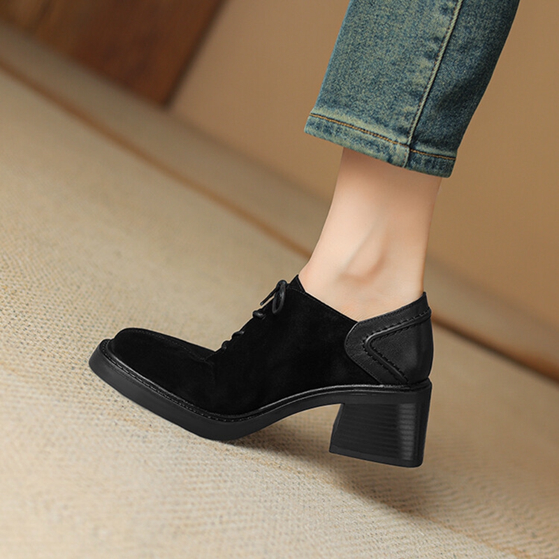 NEW Spring/Autumn Women Shoes Square Toe Chunky Heel Casual Shoes Sheep Suede Leather Shoes for Women Retro Lace up Women Pumps