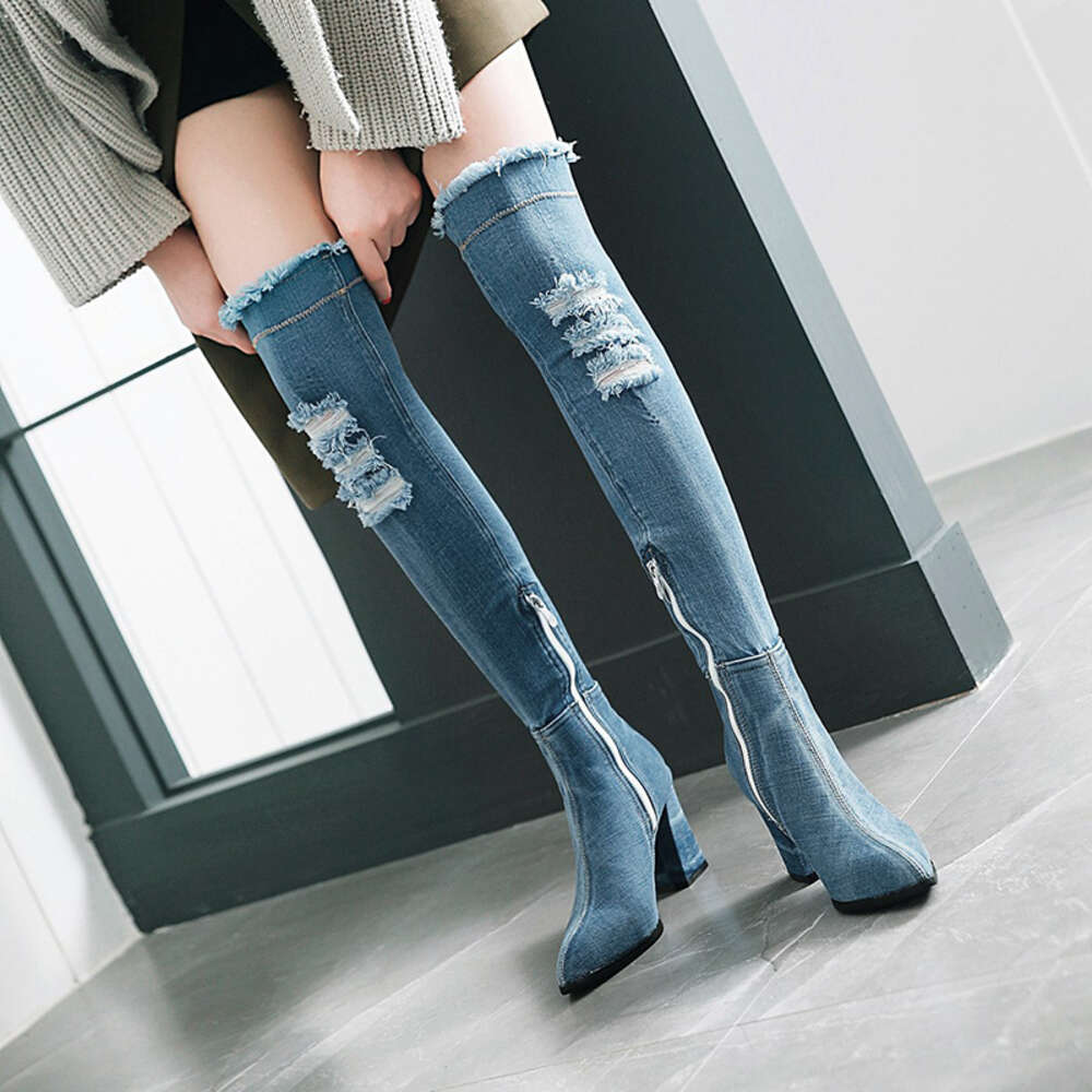 Fashion Over The Knee Denim Women Pointed Toe Gladiator Heeled Long Boot High Heel Broken Holes Jean Boots Femal Shoe