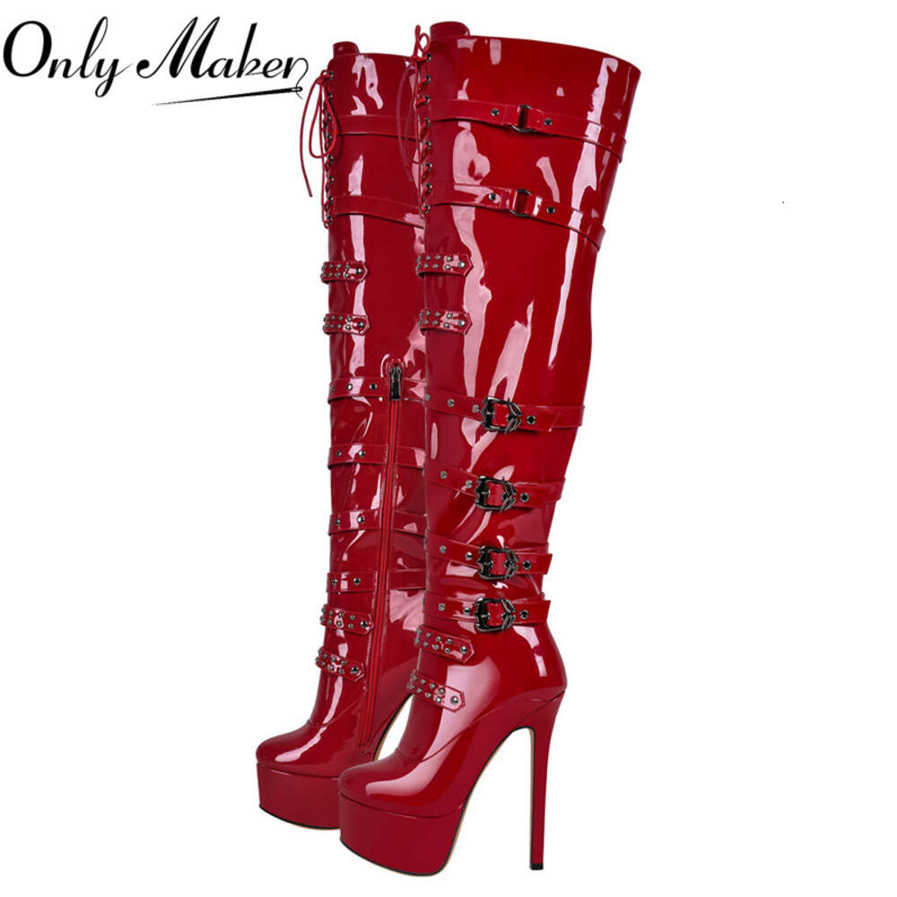 Onlymaker Women Platform Stiletto Red Over The Knee High Side Zipper Patent Leather Fashion Sexy Winter Female Boots
