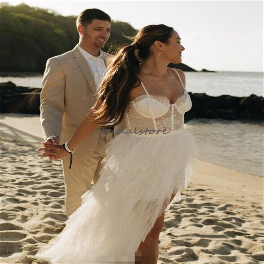Sexy Summer Beach Wedding Dresses Spaghetti Straps Hi Low Boho Lace Bridal Dress Hispanic Short Country Bride Dress Vestio De Novias Celtic Hippies Bo