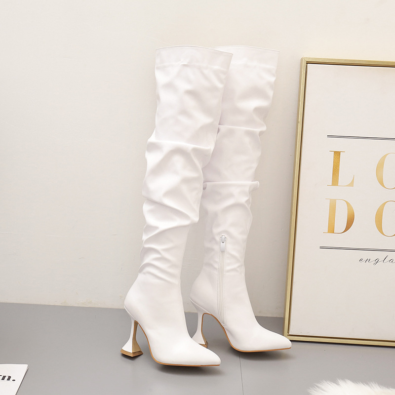 Winter New Long Boots Women's Thin Heel Pointed White High Heel Knee Length Boots 35-42 Botas Femininas De Couro 2023