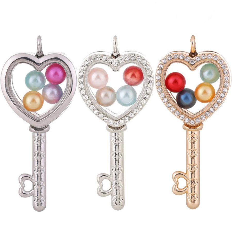 Heart Key Magnetic Glass Floating Charms Locket Pendant Living Memory Photo Lockets 5 Styles