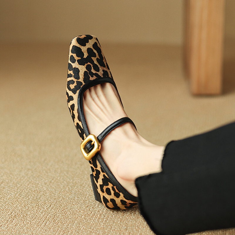 NEW Spring/Autumn Women Pumps Square Toe Chunky Heel Shoes Horsehair Leopard Shoes for Women Concise High Heel Buckle Mary Janes