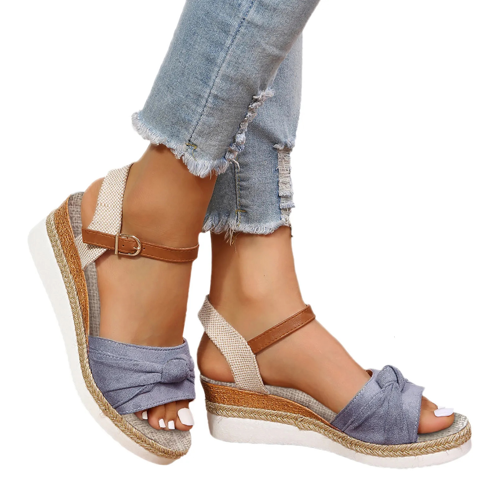 Color Block Knot Detail Espadrille Strap Wedge Sandals For Women Casual Open Toe Sandals Roman Platform Sandals 240611